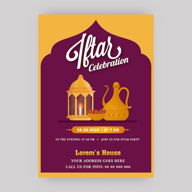 Iftar Celebration flyer Design With Event Details In Yellow And Pink Color.