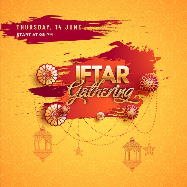 Iftar gathering inviatation card design with hanging lanterns, floral on yellow background