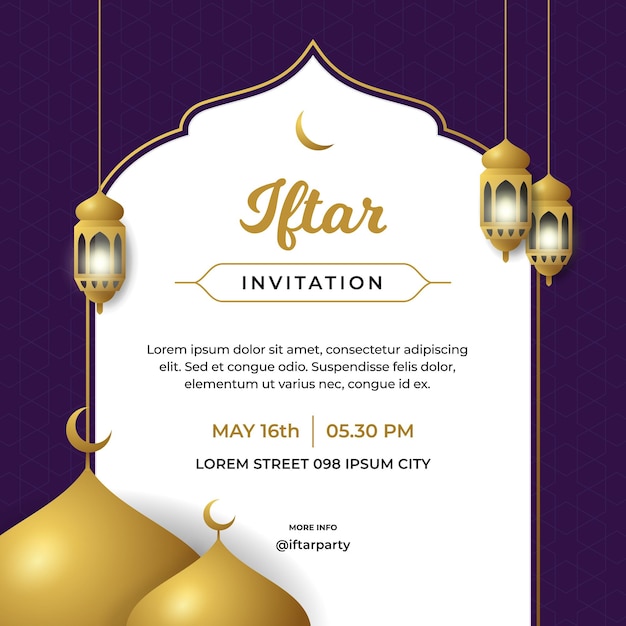 Iftar invitation flyer poster template design with great mosque background and islamic traditional lantern lamp vector illustration