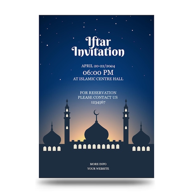 Vector iftar invitation template with a beautiful mosque and sky at night