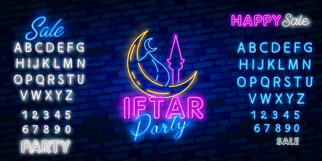 Vector iftar party festive illustration design template in modern neon style, muslim holiday of holy month ramadan karim.