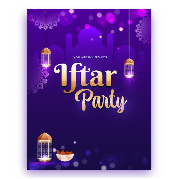 Vector iftar party flyer or invitation card with illuminated lanterns dates bowl silhouette mosque on gradient purple and blue bokeh background