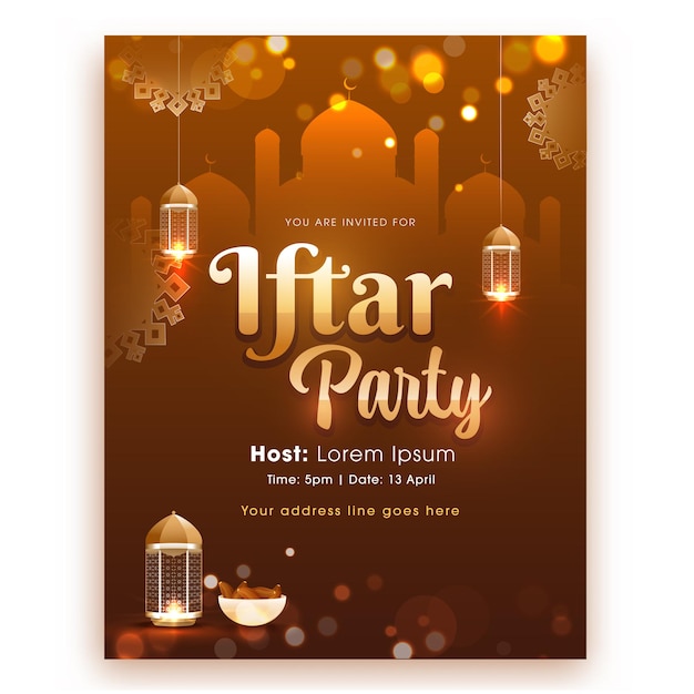 Iftar Party Flyer With Hanging Lit Lanterns And Dates Bowl On Brown Mosque