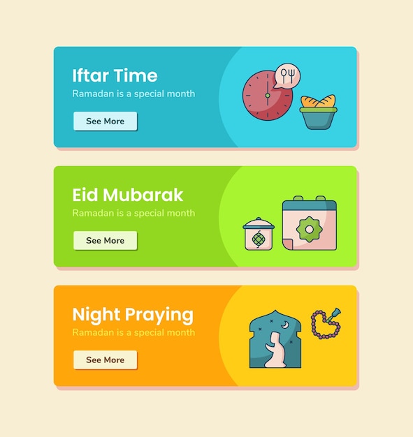 Iftar time eid mubarak night praying for banner template with dashed line style vector design illustration