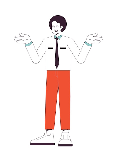 Ignorant office worker shrugging with confusion flat line color vector character Editable outline full body person on white Afro hair employee simple cartoon spot illustration for web graphic design