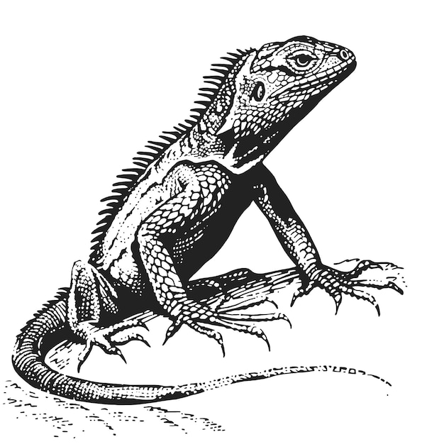 Vector iguana posing on a rock black and white line art drawing