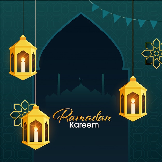 Iit candles inside arabic golden lanterns, and mosque silhouette on teal  green color floral patterned background for Islamic holy month of Ramadan Kareem occasion.