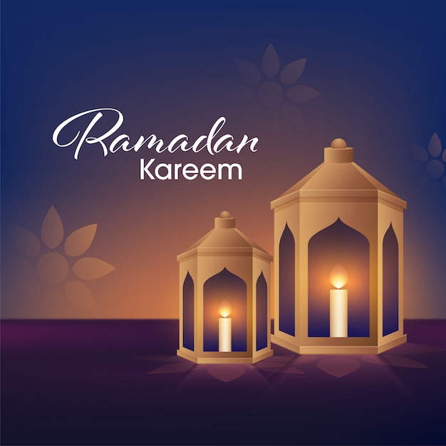 Iit candles inside golden lantern on blue floral patterned background for Islamic holy month of Ramadan Kareem occasion.