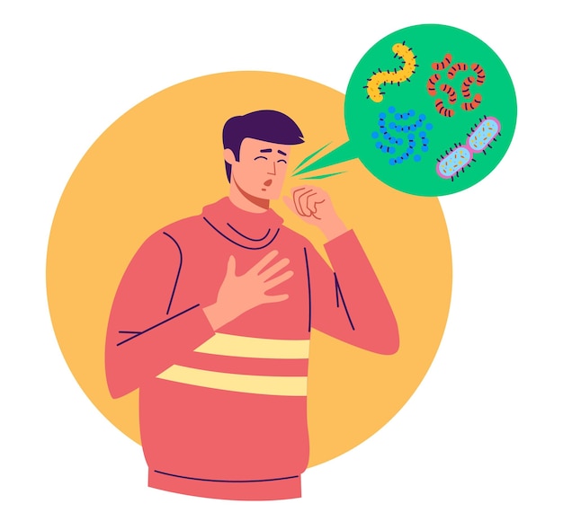 Ill people cough with flying germs around concept flat graphic design illustration