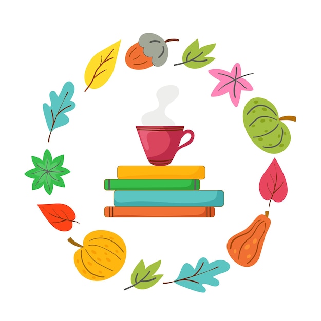 Illistrtion autumn set colored leaves books cup of tea or coffe pumpkins acorn Autumn vibers