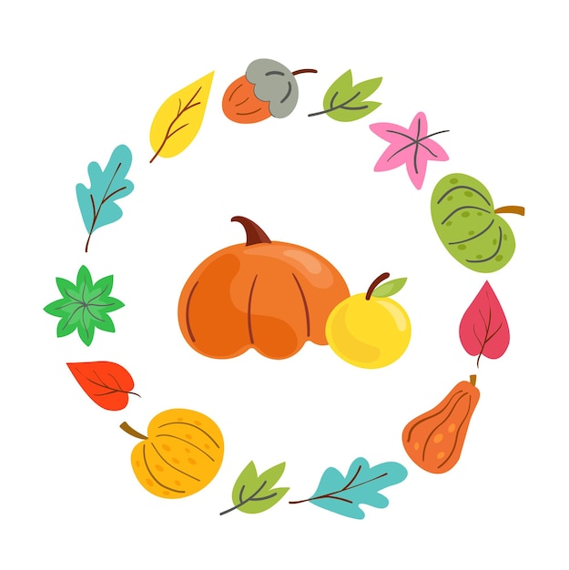 Illistrtion autumn set colored leaves cup of tea or coffe pumpkins acorn Autumn vibers