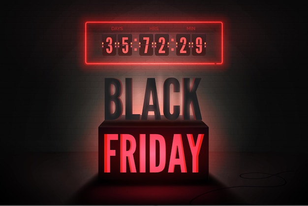 Illuminated Black Friday 3d inscription with neon flipboard countdown timer intriguing vector banner template