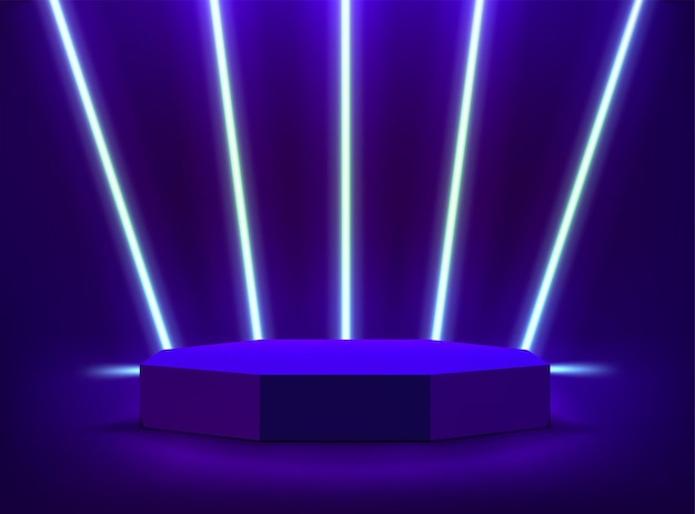 Illuminated interior with blue neon lights and circlr podium 3d vector illustration