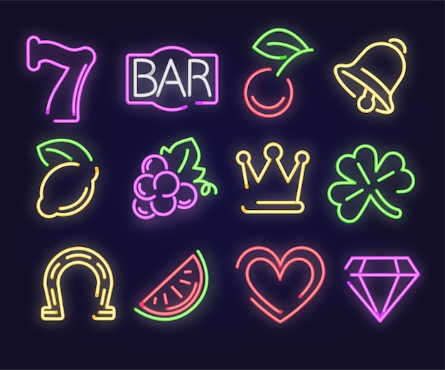 Illuminated neon signs, isolated seven 7, bar signboard and fruits