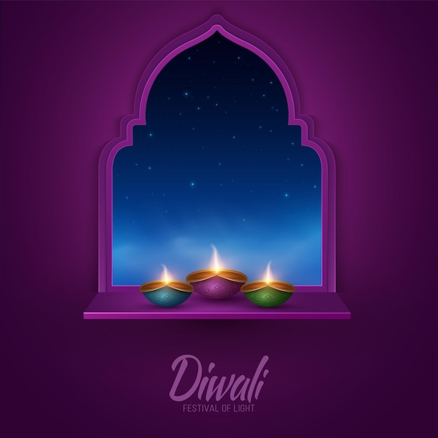 Illuminated oil Diya lamps stand on the window overlooking the starry fairytale sky Festive cover or banner for Diwali festival of light Indian template design for holiday 3D Vector