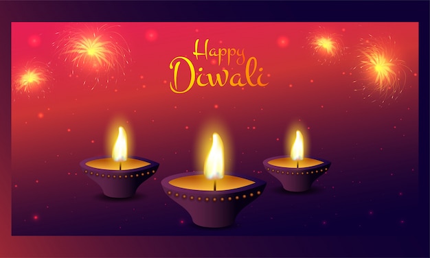 illuminated oil lamp (Diya) with fireworks on red and purple lighting effect  for Happy Diwali celebration.