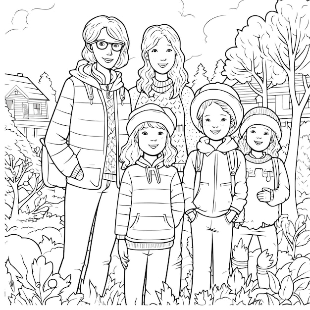 illustartion coloring book page family