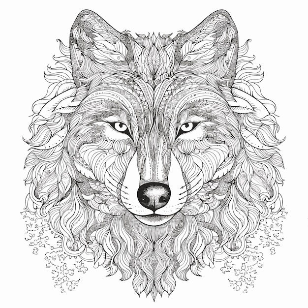 illustartion coloring book page head wolf