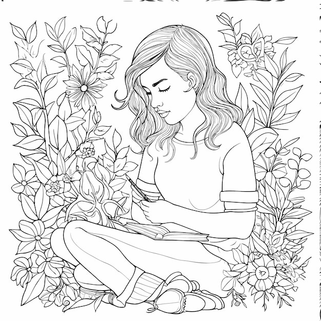 illustartion coloring book page woman study