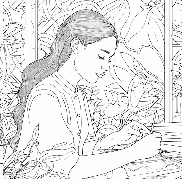 illustartion coloring book page woman study