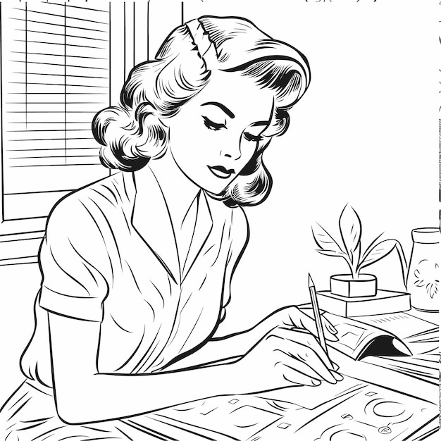 illustartion coloring book page woman study