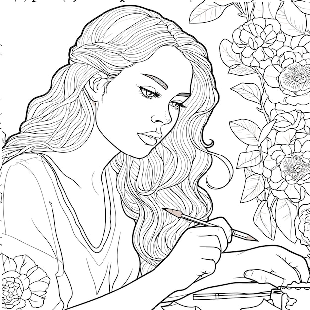 illustartion coloring book page woman study