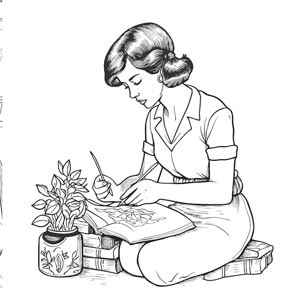 illustartion coloring book page woman study