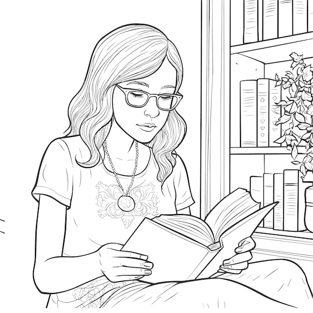 illustartion coloring book page women read book