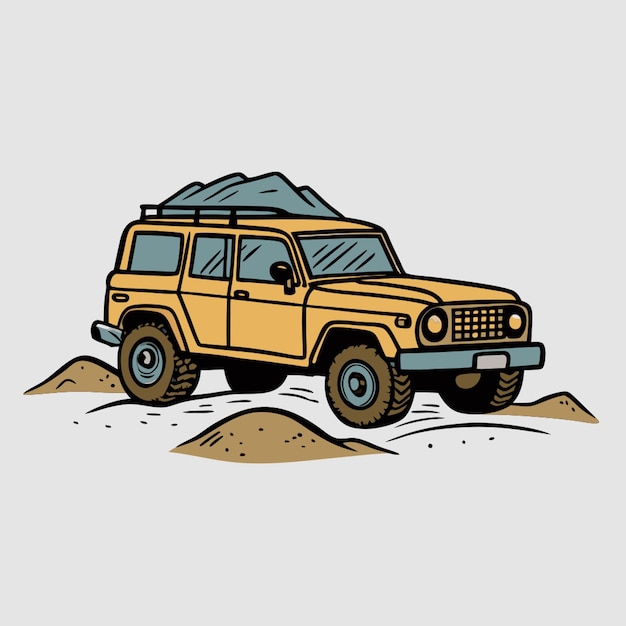 Vector illustrate a 1970s classic suv in a rugged offroad setting with mountains in the background and