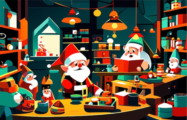 Vector illustrate a cozy workshop where santa and his elves are busy making toys