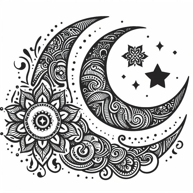 Vector illustrate a hennainspired pattern with crescent moons and lanterns vector