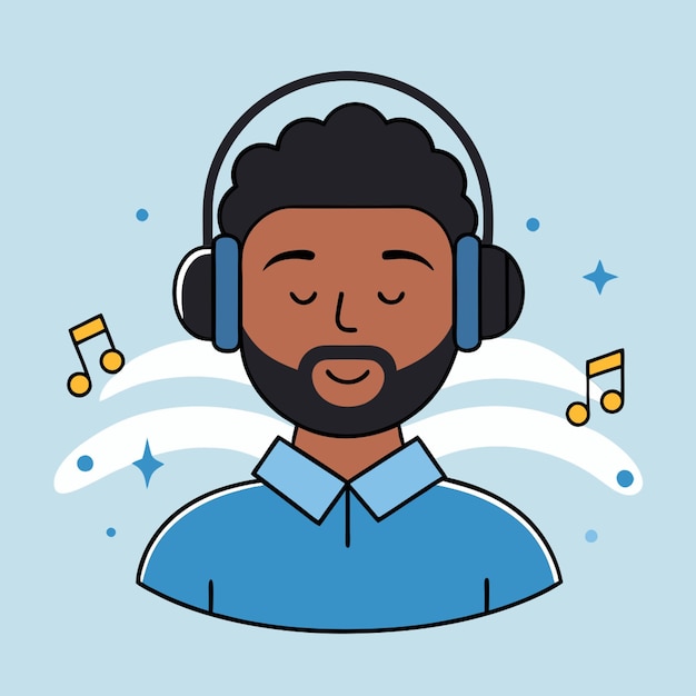 Vector illustrate a minimal scene of a black man wearing headphones with his eyes closed and a relaxed