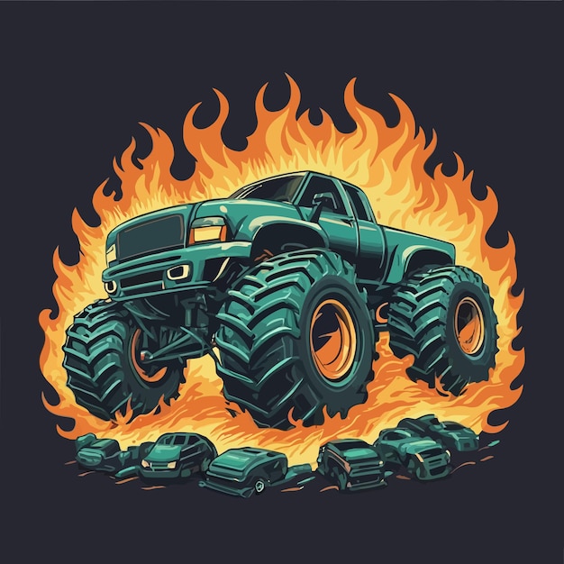 Illustrate monstrous firebreathing monster truck