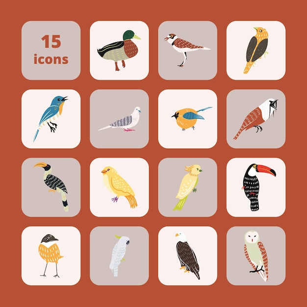 Illustrated 15 Bird Icons In One Template