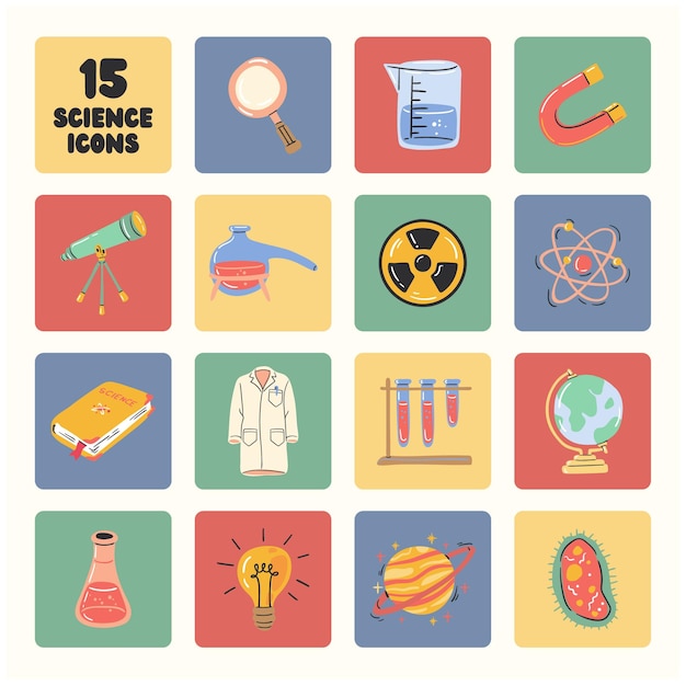 Illustrated 15 Science Icons In One Template