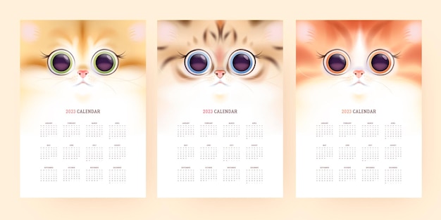 Illustrated 2023 calendar template with cute cartoon kitten