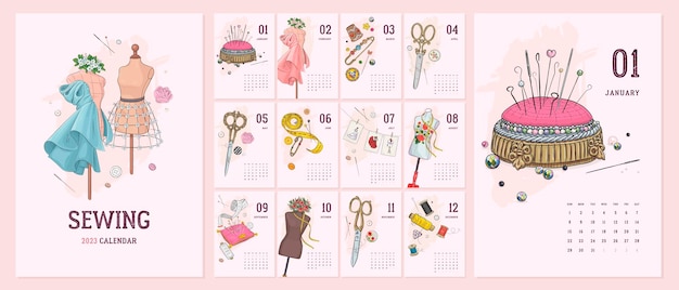 Illustrated 2023 calendar template with hand drawn sewing accesories