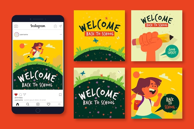 Illustrated back to school instagram posts set