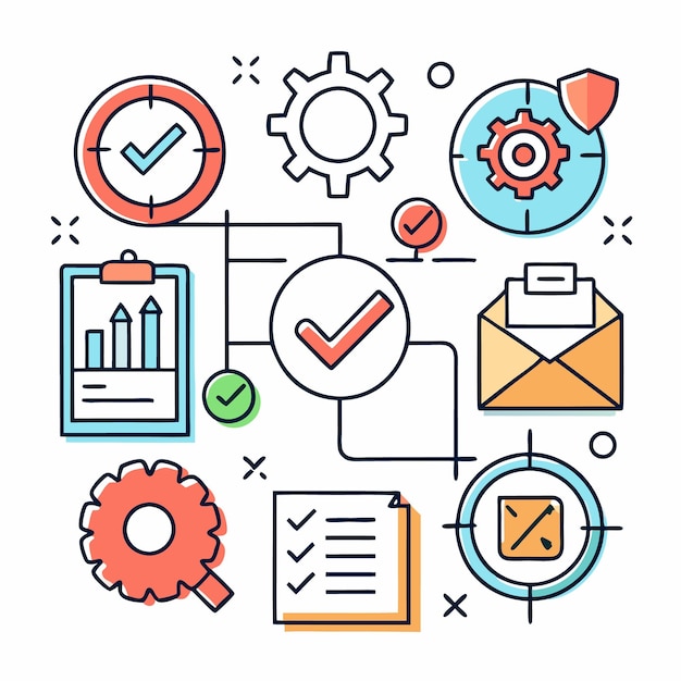 Illustrated flowchart with checkmarks gears and targets for a successful plan