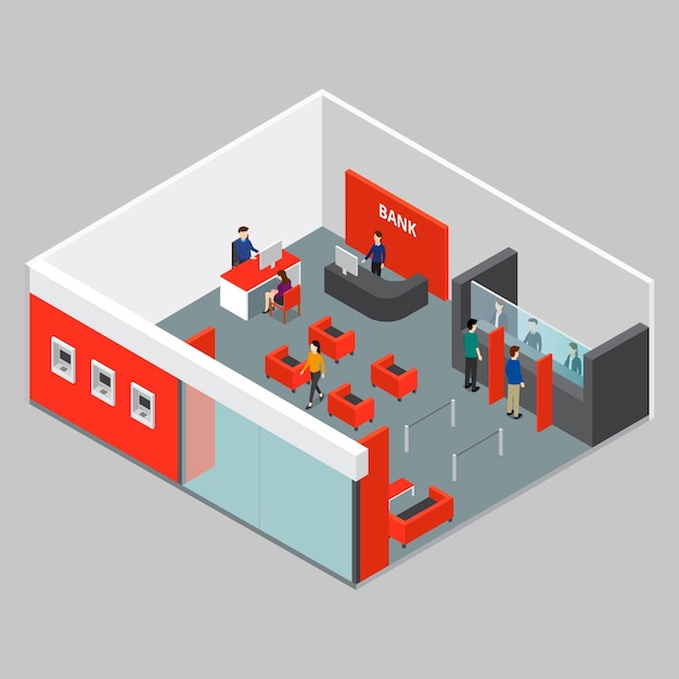 Illustrated isometric interior of bank