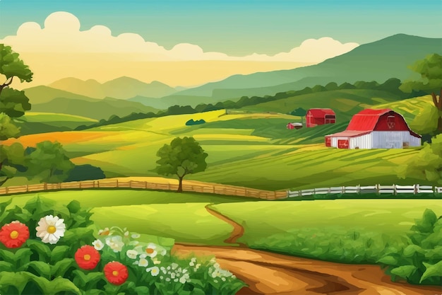 Vector illustrated landscape of a farm for background beautiful farm landscape illustration background