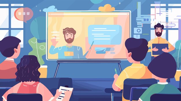 Vector illustrated online language school theme and teacher