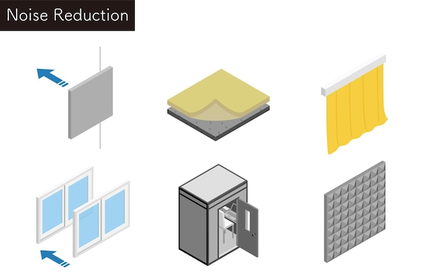 Vector illustrated set of noise reduction measures that can be taken in rental properties