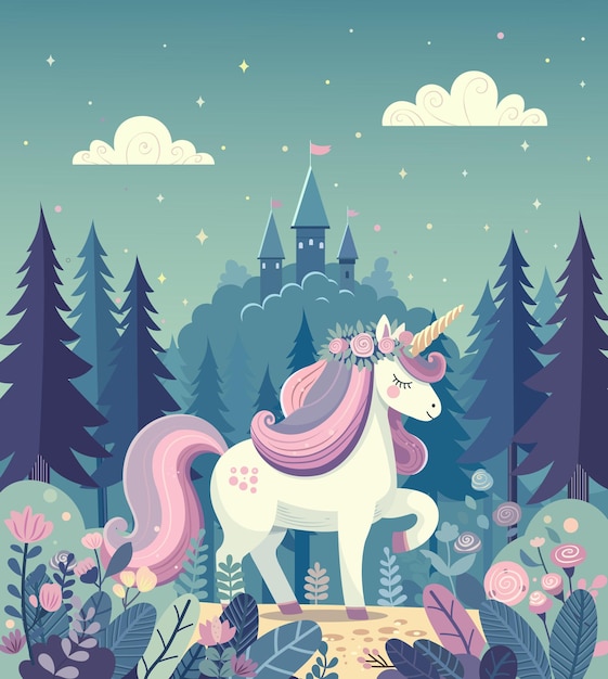 An illustrated unicorn with a floral crown in a magical forest castle in the backdrop night scene fairy tale concept Vector illustration Vector illustration