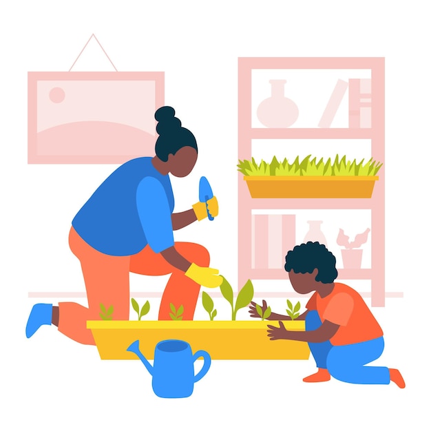 Illustrated woman gardening at home with her kid