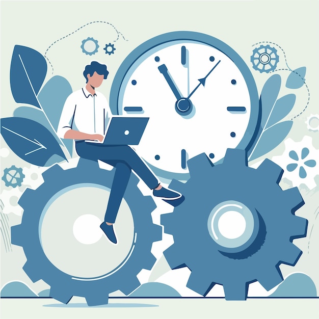 illustrates a man seated on a large gear working on a laptop with a giant clock in the background