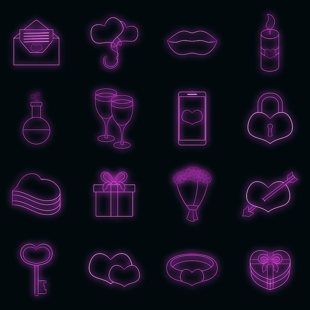 Illustration of 16 Saint Valentine day vector icons neon color on black