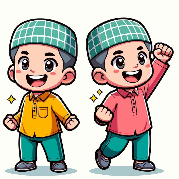 Illustration of 2 Muslim boys who are happy and enthusiastic