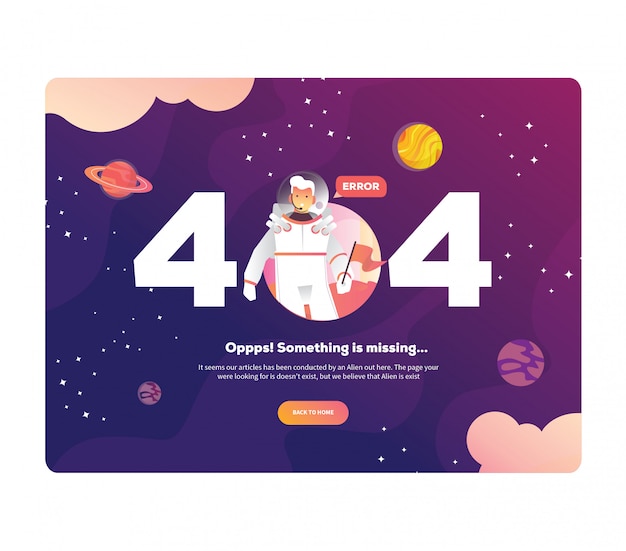  illustration 404 error page universe template for website. Outer space with astronaut, planets and rocket. Page Not Found Error 404.