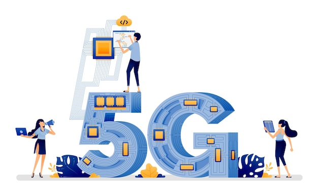 Illustration of 5g with optical network cables that surround and stick together to form a network